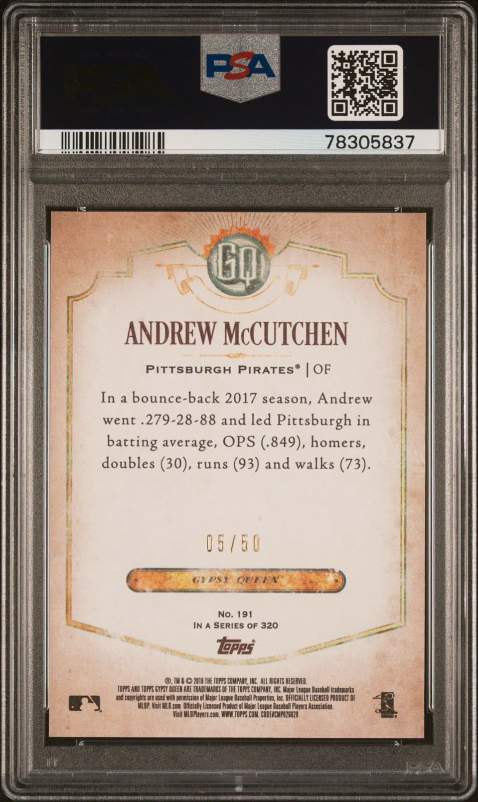 2018 Topps Gypsy Queen - Andrew McCutchen Black & White /50 #191. PSA 10. Pop 1!