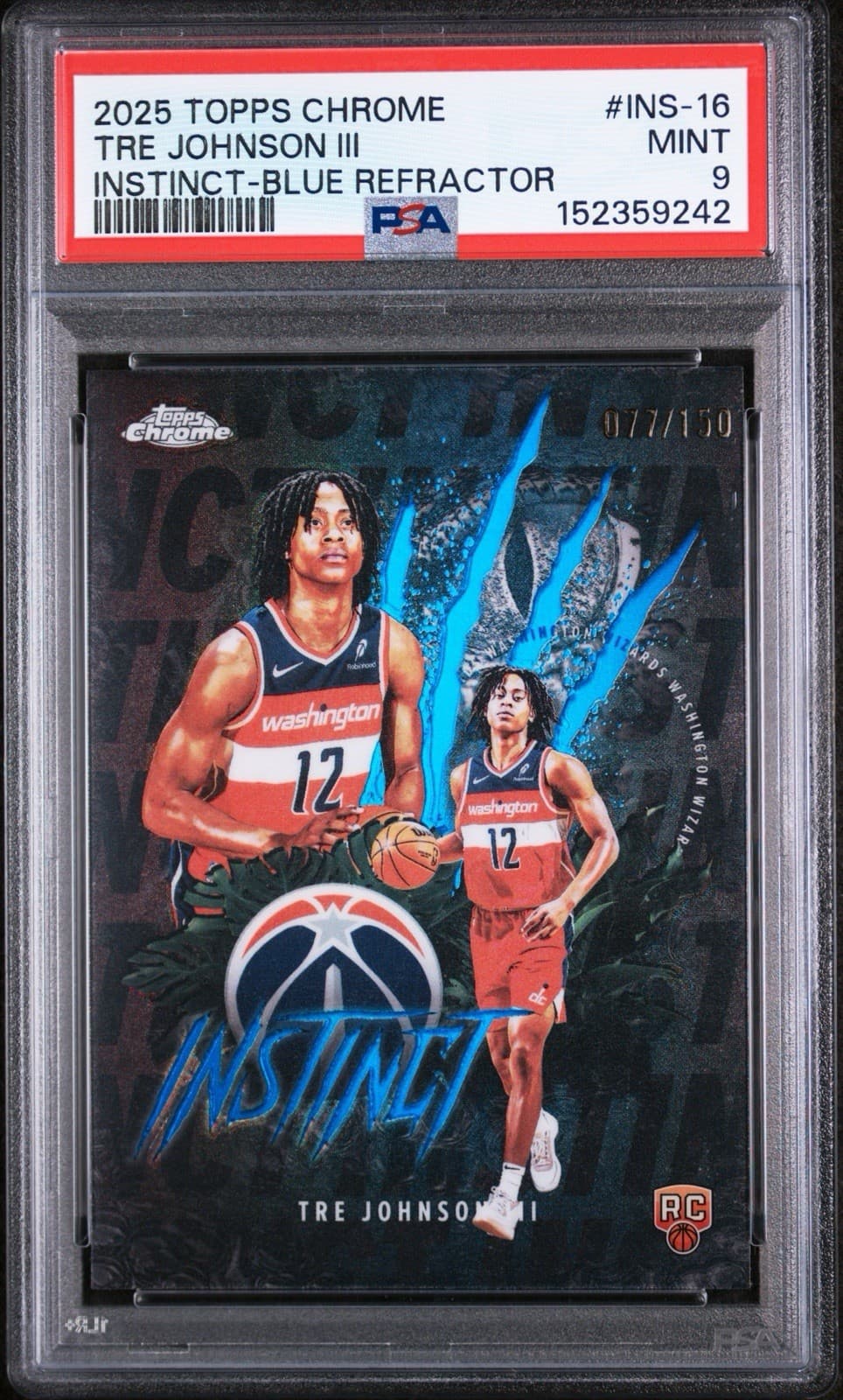 2025 Topps Chrome - Instinct Tre Johnson #INS-16 Blue Refractor /150 (RC). PSA 9