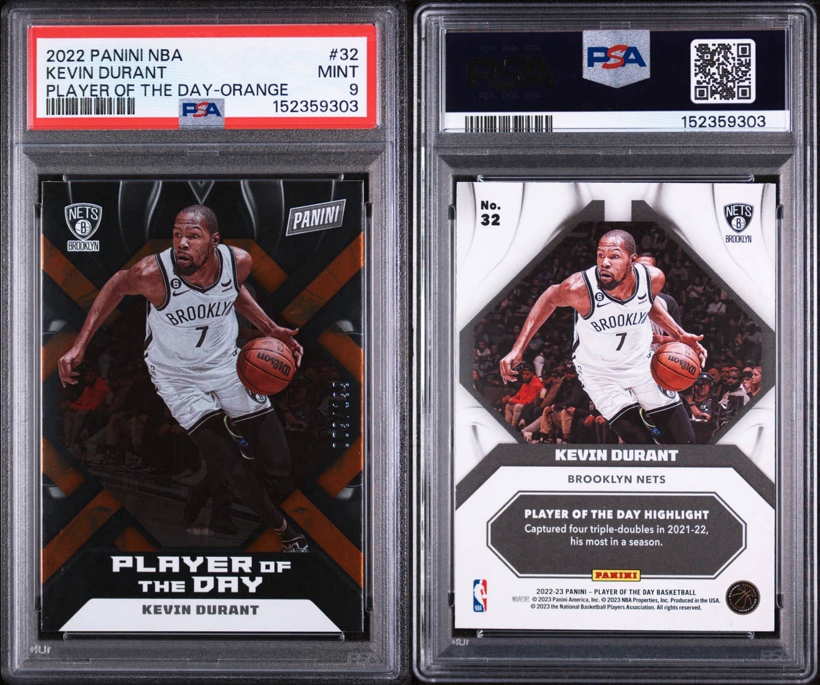 2022 PANINI NBA KEVIN DURANT #32 PLAYER OF THE DAY - ORANGE /199. PSA 9 MINT