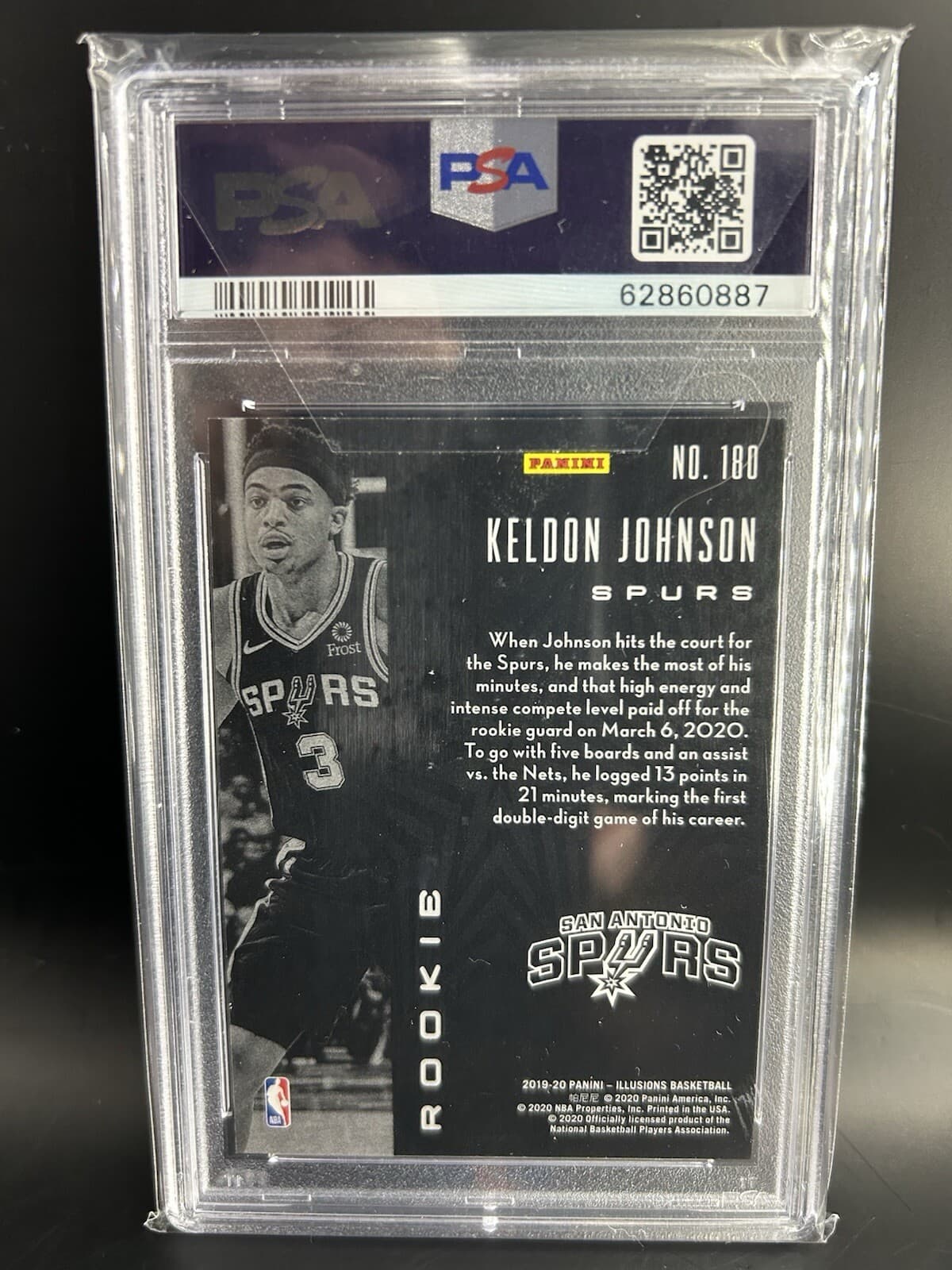 2019 Illusions #180 Keldon Johnson (RC). PSA 10.  25-26 NBA 6th Man of the Year.