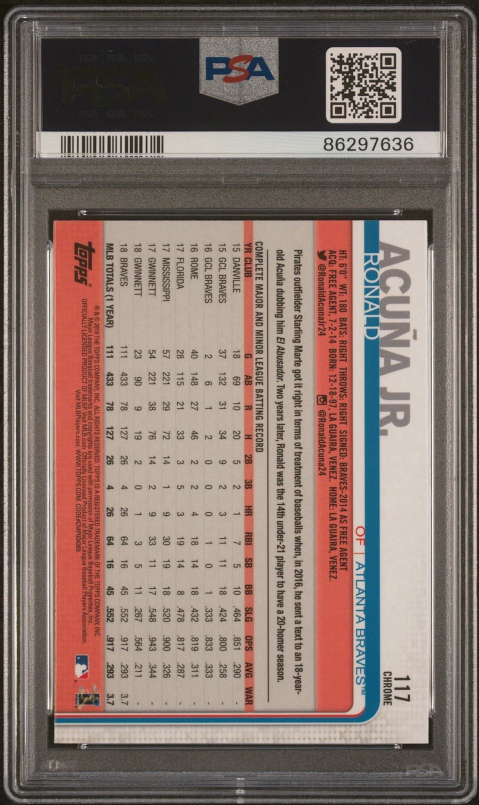 2019 Topps Chrome - Ronald Acuña Jr. #117 Batting. Rookie Cup. PSA 10 GEM MT