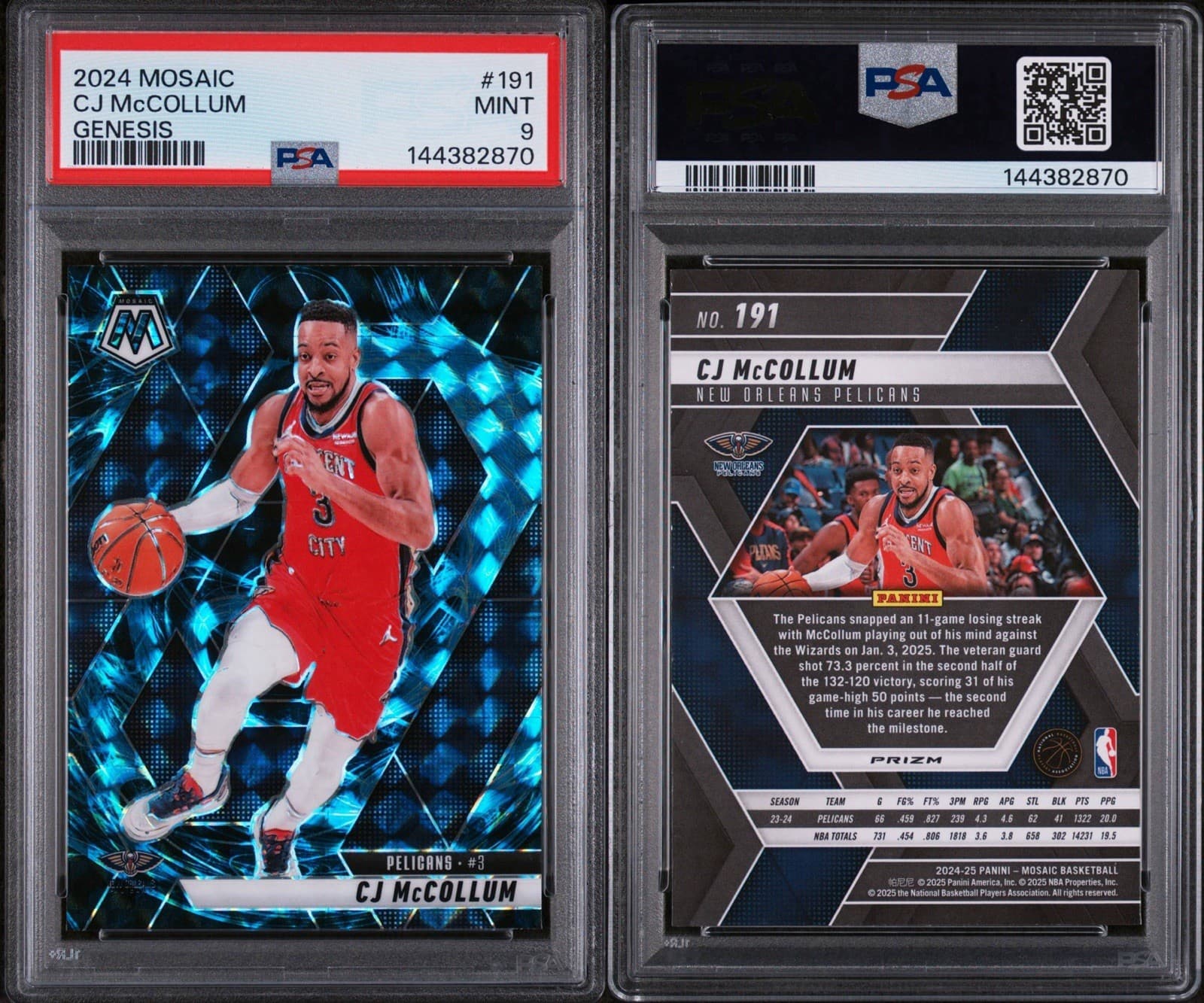 2024-25 PANINI MOSAIC CJ MCCOLLUM #191 GENESIS PRIZM. CASE HIT SSP. PSA 9 MINT