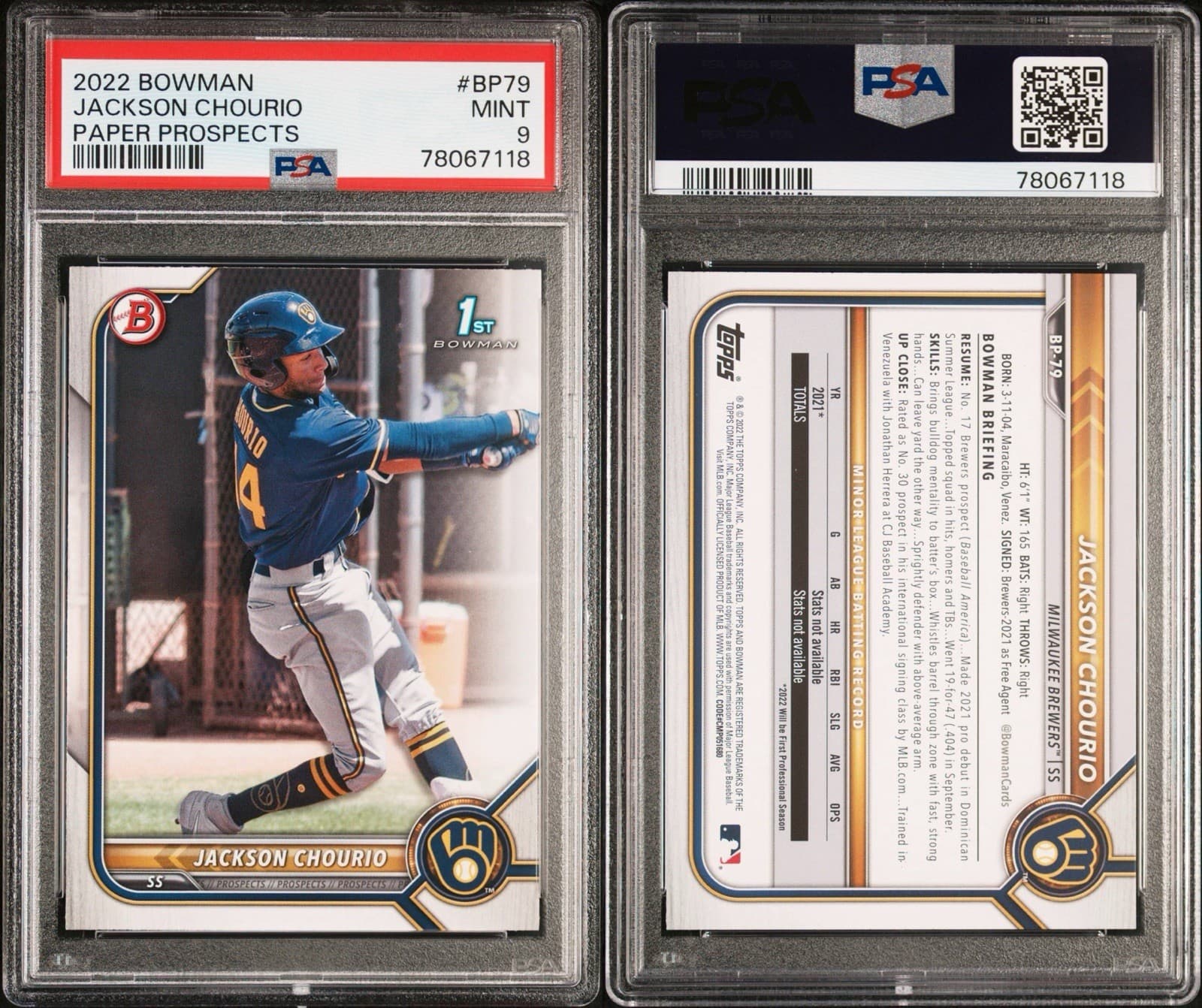 2022 Bowman Jackson Chourio Paper Prospects #BP-79 (RC). PSA 9.