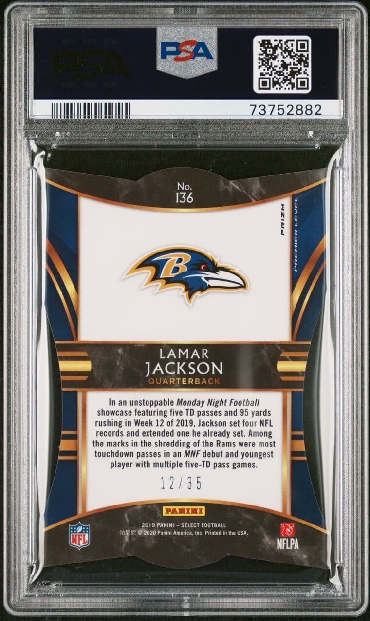 2019 Panini Select Lamar Jackson #136 Die-Cut White Prizm. 12/35. PSA 8. Pop 1.