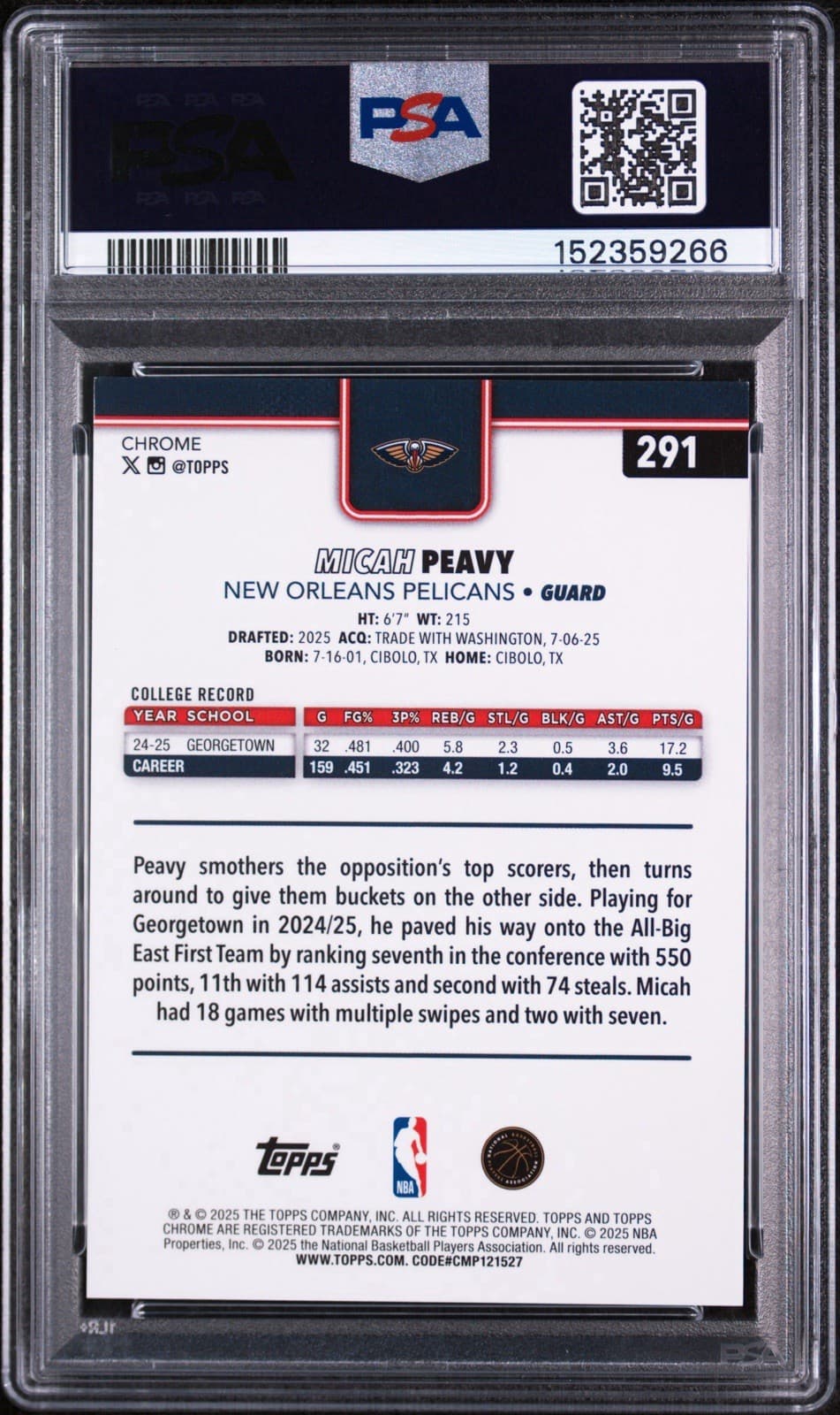 2025 TOPPS CHROME #291 MICAH PEAVY (RC) GOLD WAVE /50. PSA 8 NM-MT
