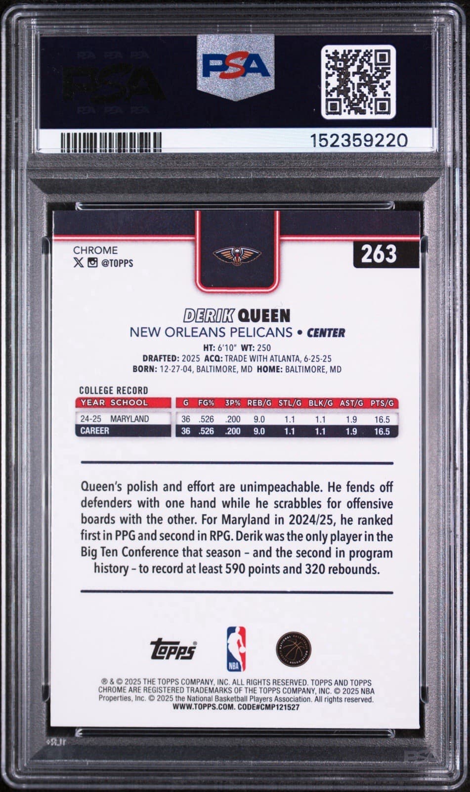 2025-26 Topps Chrome - Derik Queen #263 Skylight Refractor (RC). PSA 8 NM-MT