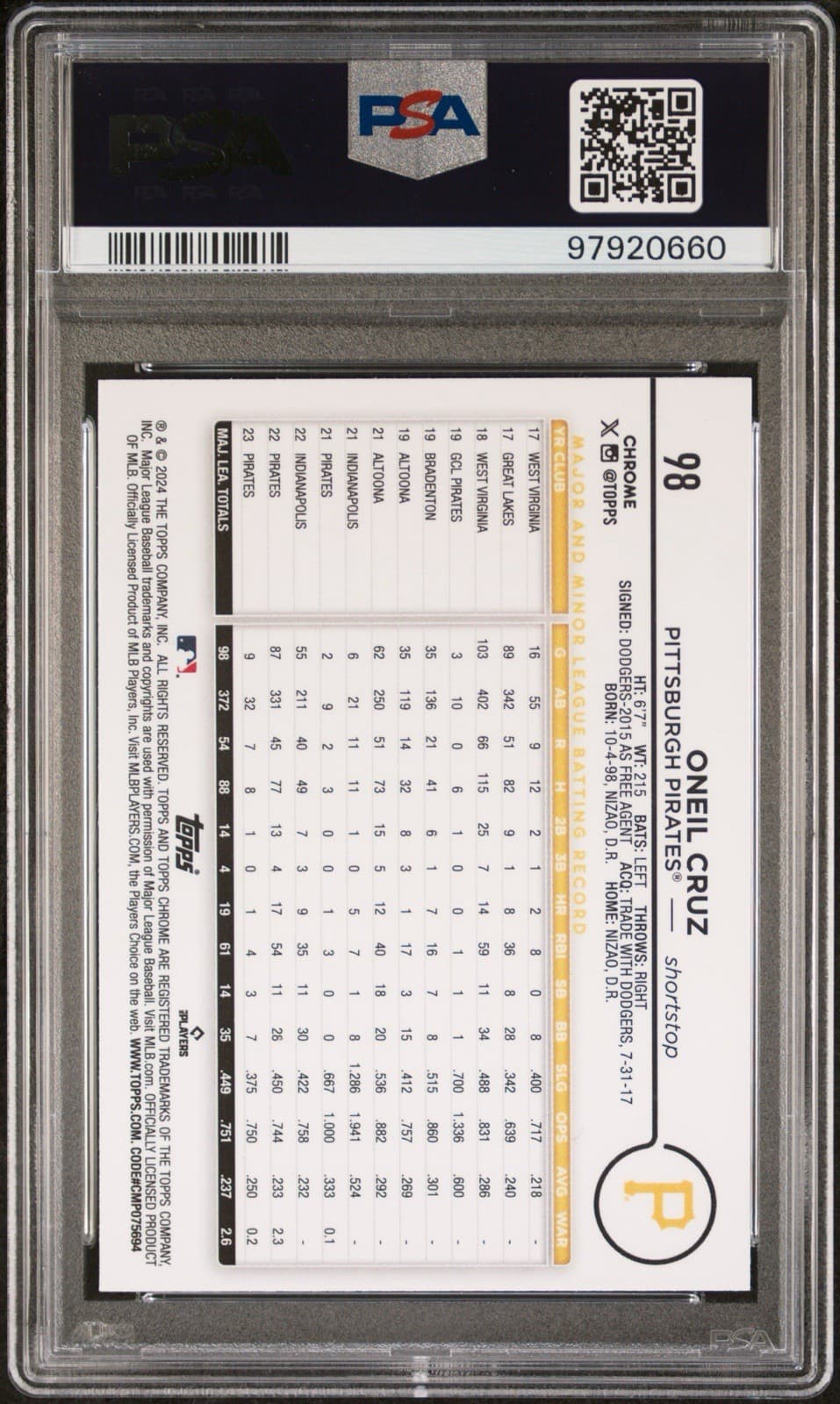 2024 Topps Chrome - Oneil Cruz #98 RayWave Refractor. PSA 10. Pop 1!