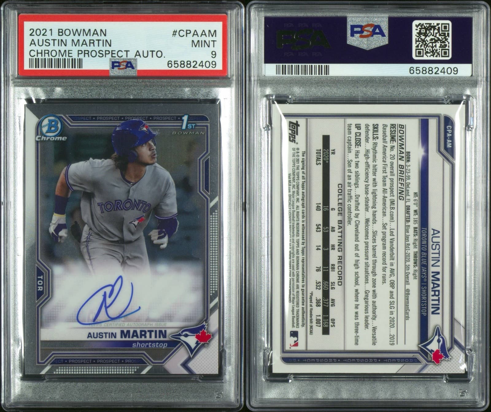 2021 Bowman - Chrome Prospects Autographs #CPA-AM Austin Martin (AU, RC). PSA 9