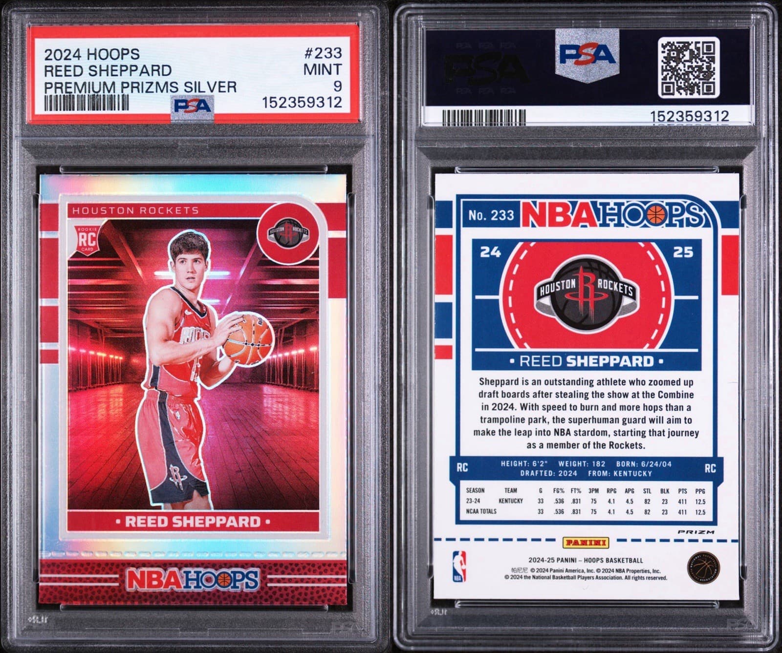 2024 Panini NBA Hoops Premium Prizms Silver - Reed Sheppard (RC). PSA 9 MINT