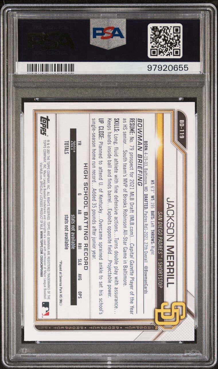 2021 BOWMAN DRAFT JACKSON MERRILL BD119 PSA 9 MINT  1ST BOWMAN