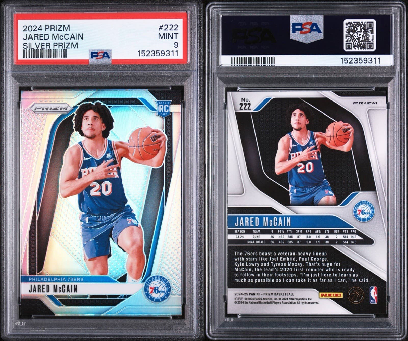 2024-25 Panini Prizm - Jared McCain (RC) #222 Silver Prizm. PSA 9 MINT