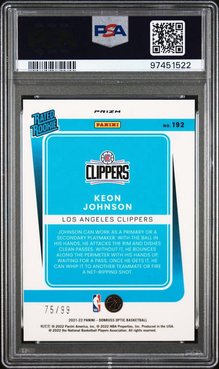 2021 Donruss Optic - Rated Rookie #192 Keon Johnson (RC) /99. PSA 9. Pop 4 