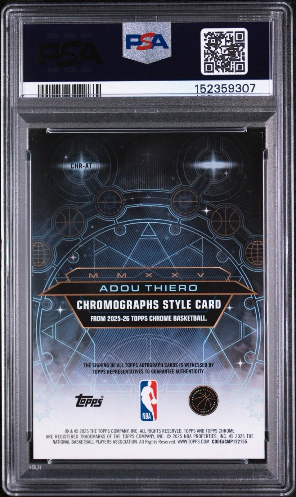 2025 Topps Chrome Chromographs Adou Thiero (RC) Purple Refractor Auto /75. PSA 9