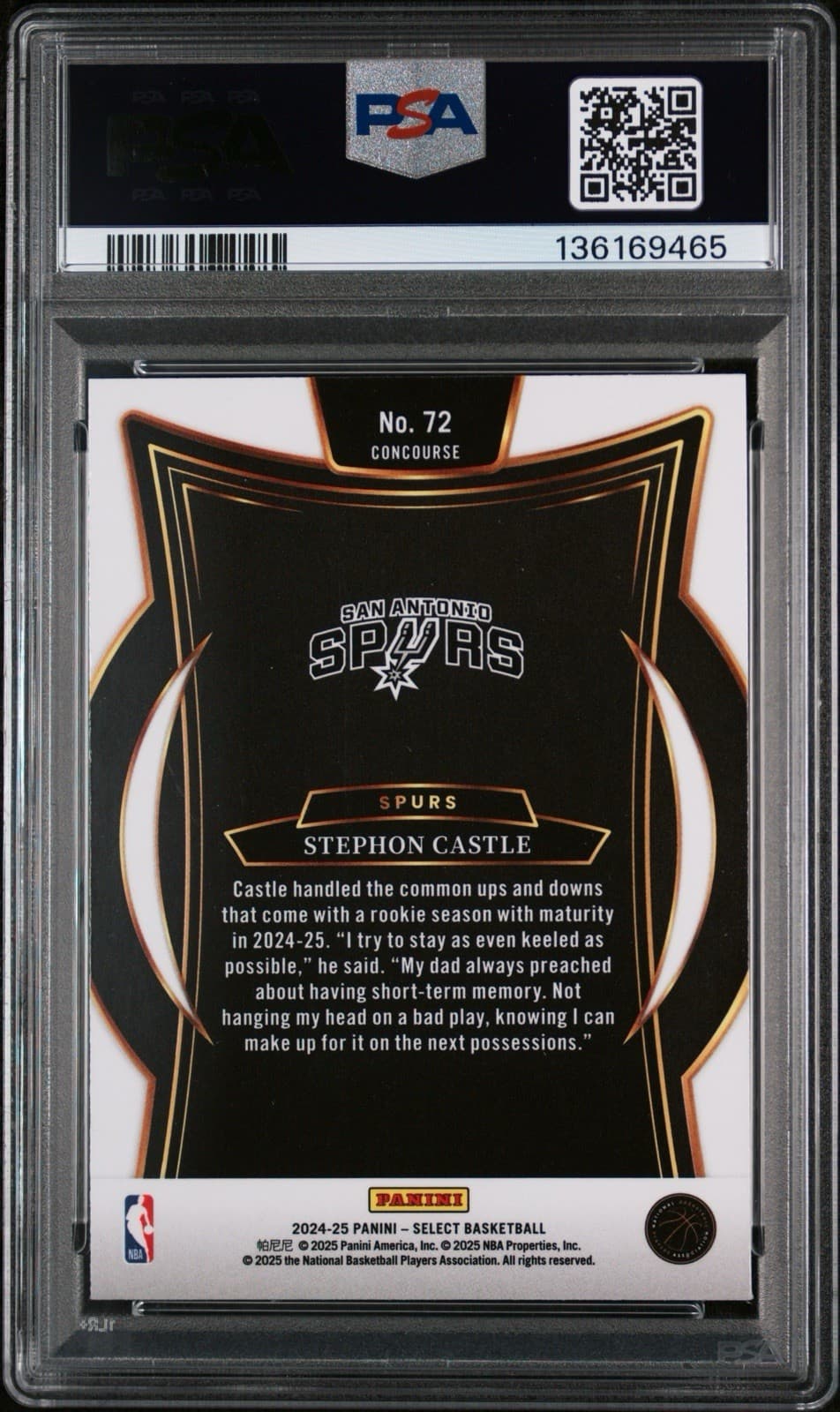 2024-25 Panini Select - Concourse Stephon Castle #72 (RC). PSA 8 NM - MT