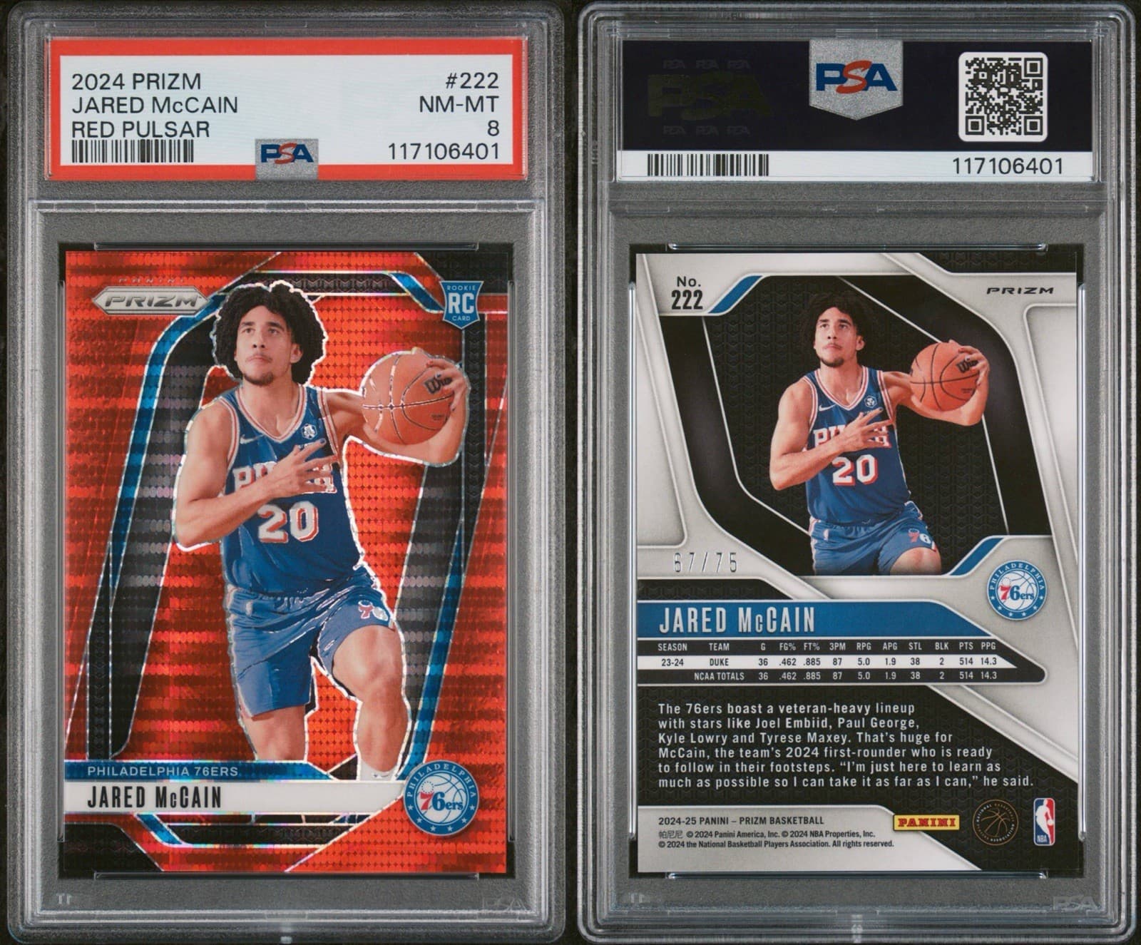 2024-25 Panini Prizm  Jared McCain (RC) Red Pulsar Prizm /75. PSA 8  NM - MT