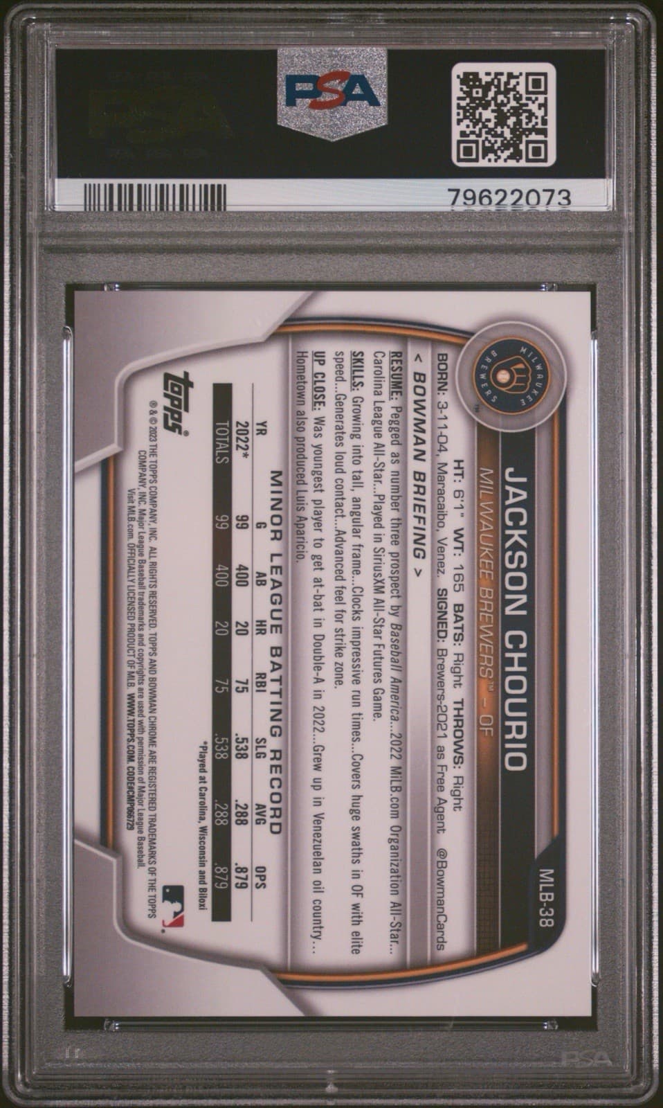 2023 Bowman Chrome NSCC Jackson Chourio Sparkle /99 PSA 10 - GEM MT. Pop 12!