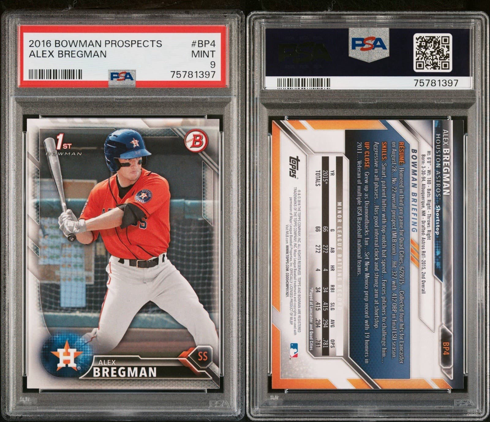 2016 Bowman - Prospects Alex Bregman #BP4 1st Bowman. PSA 9 - Mint.