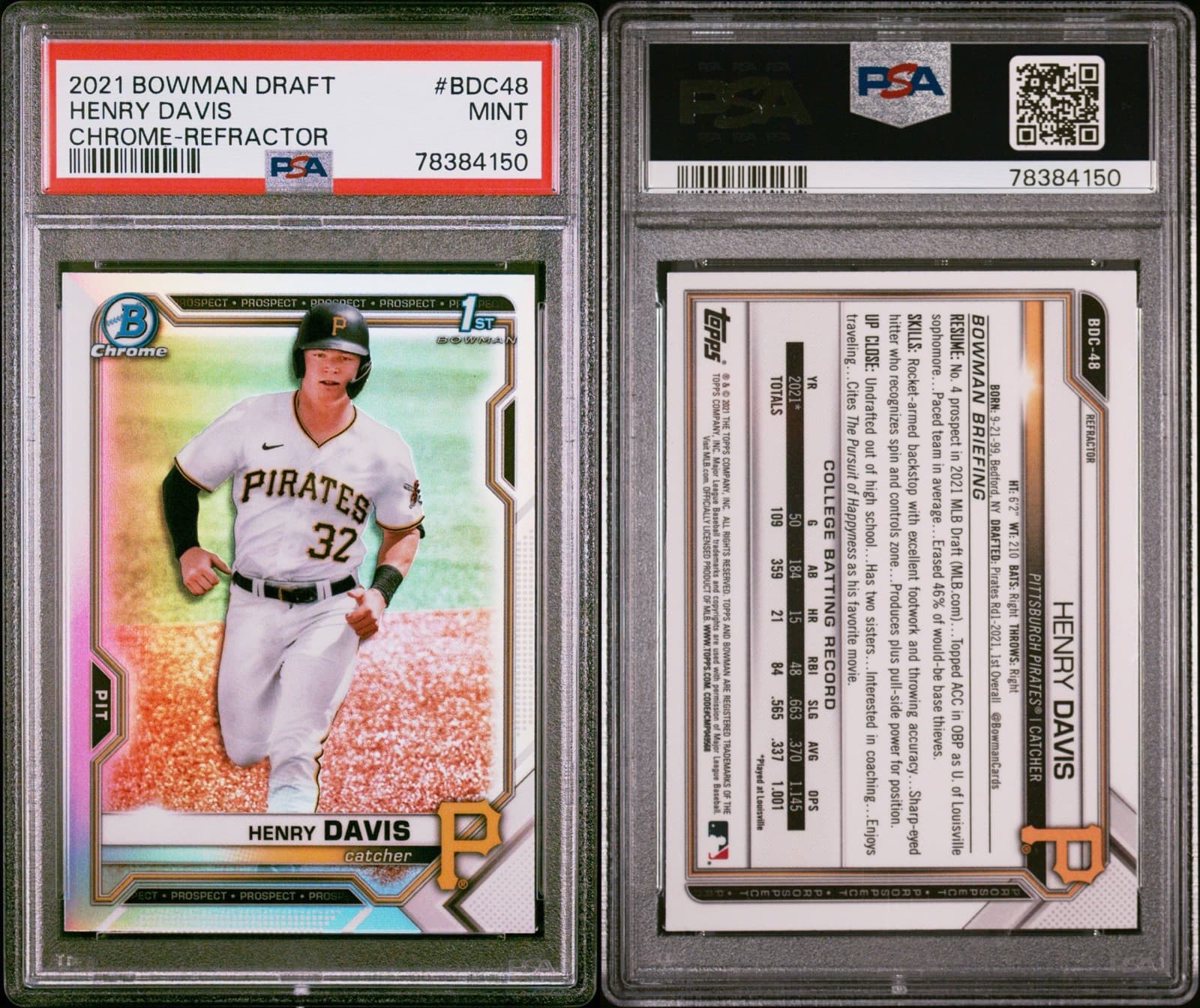 2021 Bowman Draft - Chrome Refractor #BDC-48 Henry Davis (RC). PSA 9