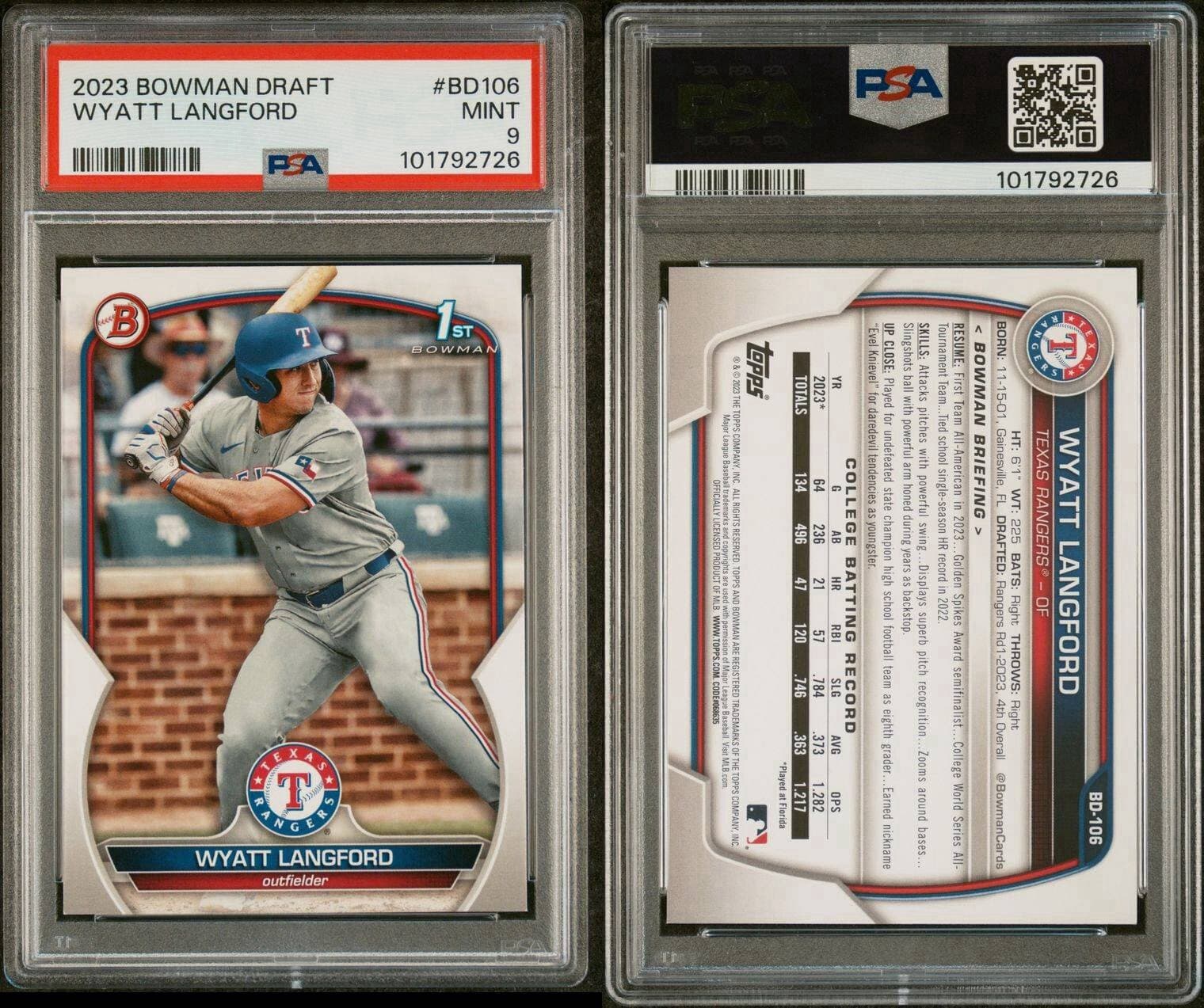 2023 Bowman Draft - #BD-106 Wyatt Langford (RC). PSA 9.