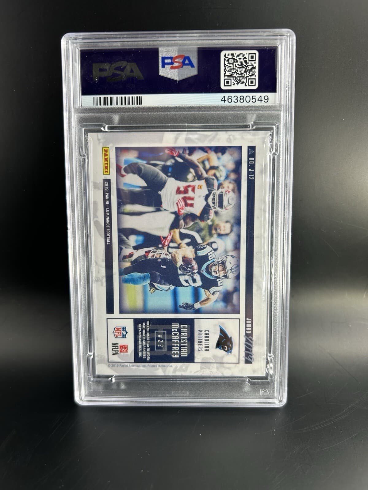 2019 Panini Luminance Jumbo Relics Christian McCaffrey #J-12. PSA 8. Pop 1.