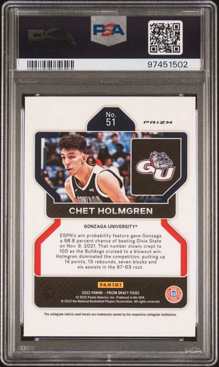 2022-23 Prizm Draft Picks - Hyper Prizm #51 Chet Holmgren (RC). PSA 10. Pop 13