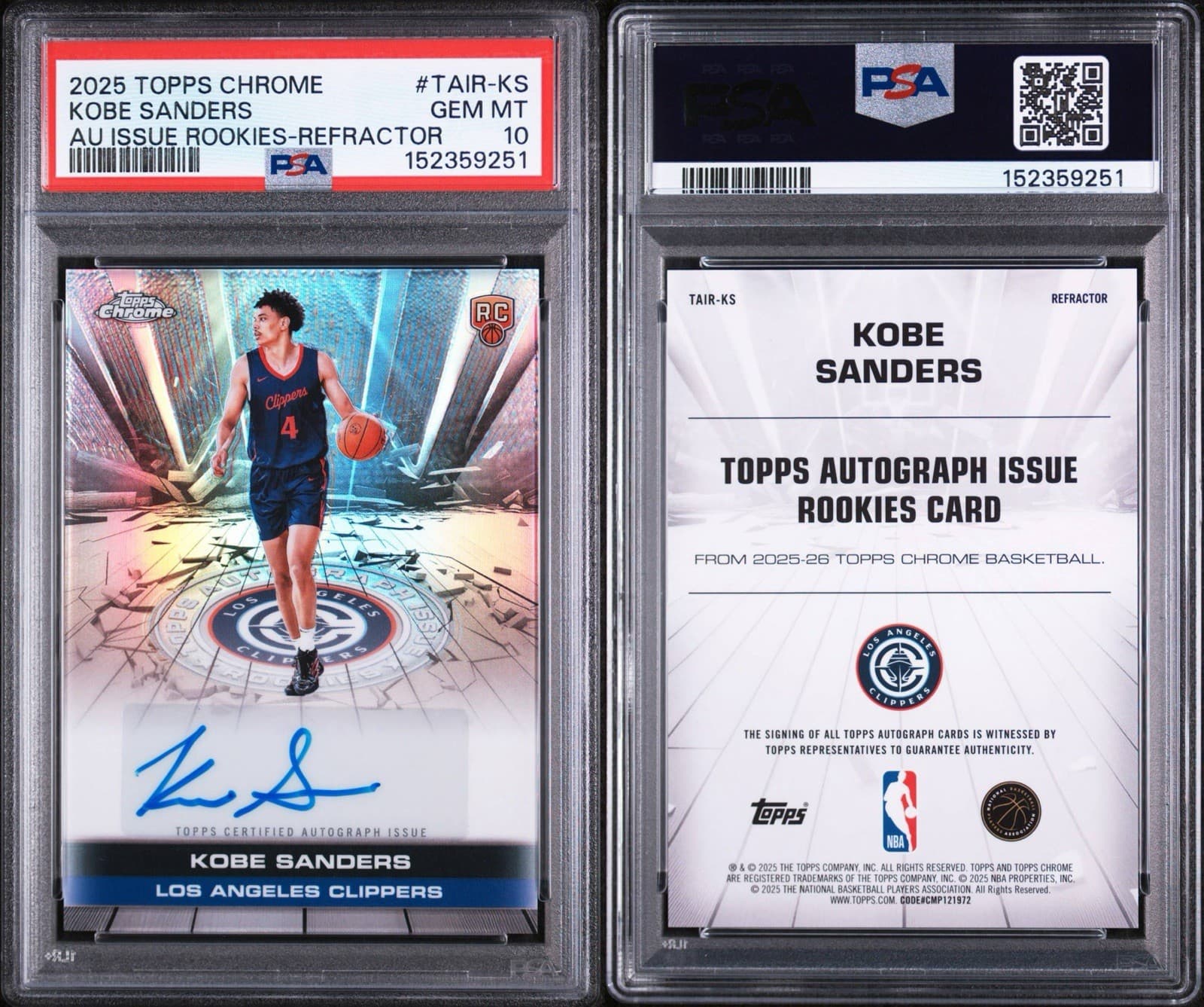 2025 Topps Chrome - Kobe Sanders Autograph Issue Rookies - Refractor. PSA 10 GEM