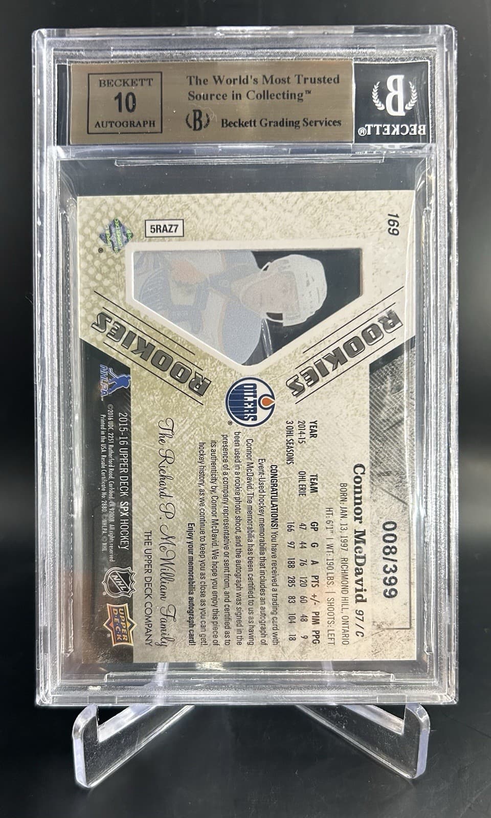 2015-16 SPx - Rookie Auto Jersey Connor McDavid /399. BGS 9.5 Gem Mint w/10 Auto