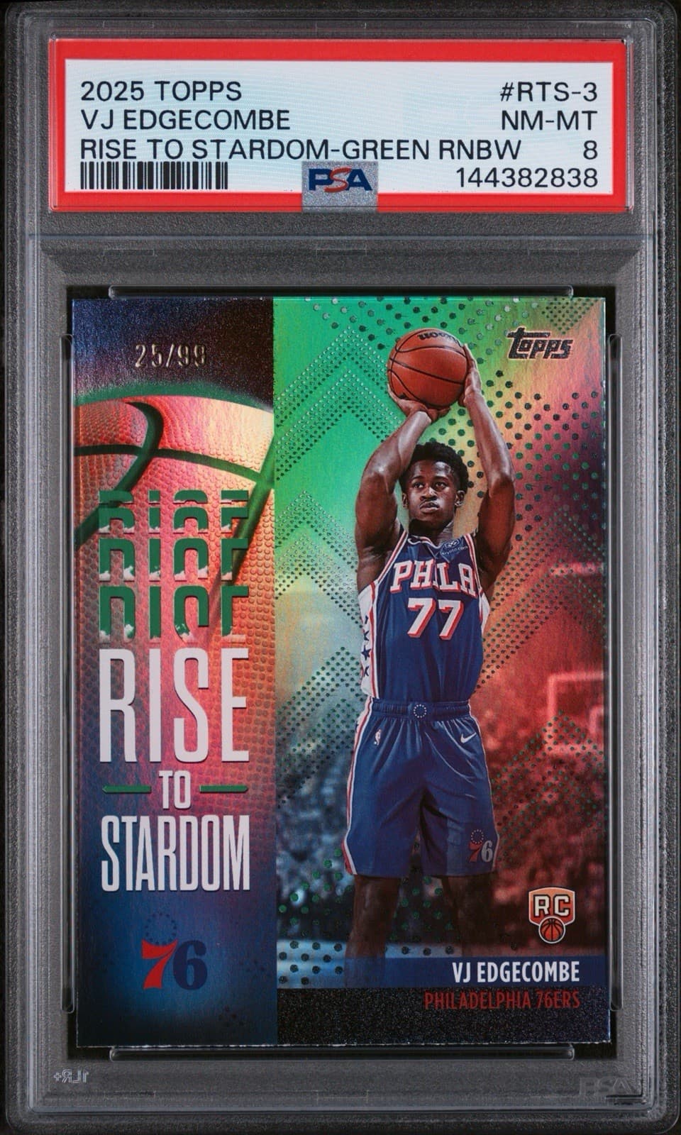 2025 Topps - Rise to Stardom VJ Edgecombe (RC) #RTS-3 Green Rainbow /99. PSA 8