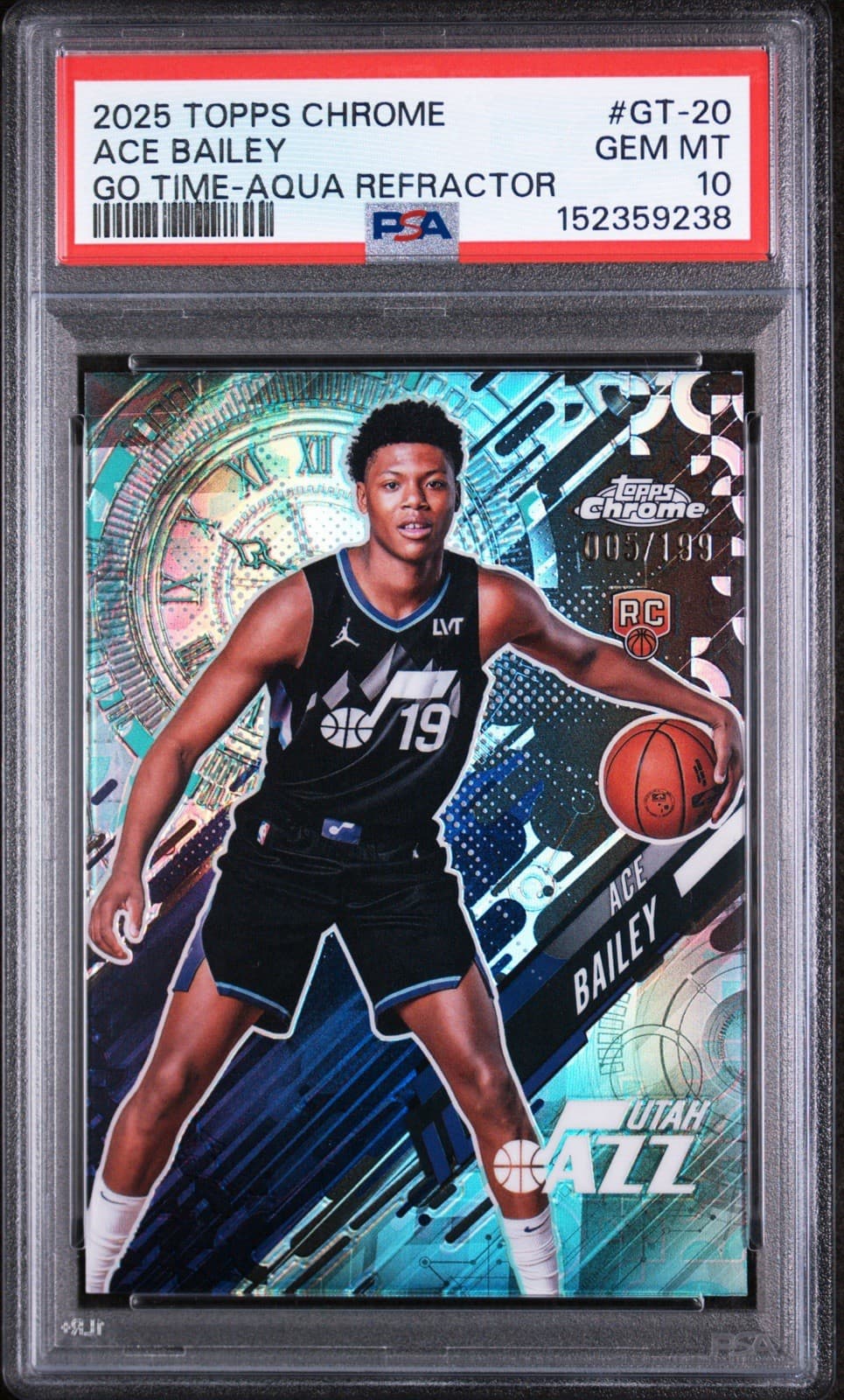 2025 Topps Chrome #GT-20 Ace Bailey Go Time Aqua Refractor (RC) /199. PSA 10 GEM