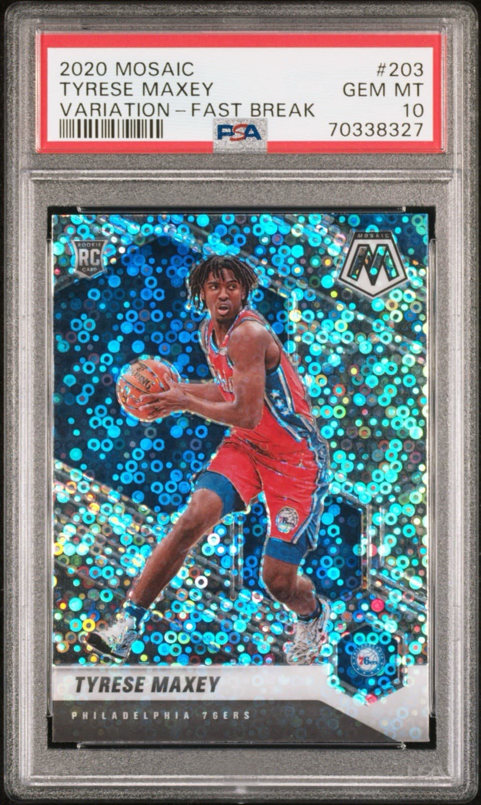 2020 Panini Mosaic Tyrese Maxey (RC) #203 Fast Break Silver Variation. PSA 10