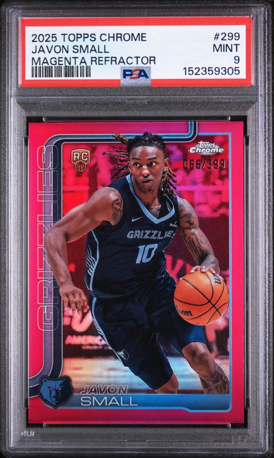 2025 TOPPS CHROME MAGENTA REFRACTOR #299 JAVON SMALL (RC) /399. PSA 9 MINT