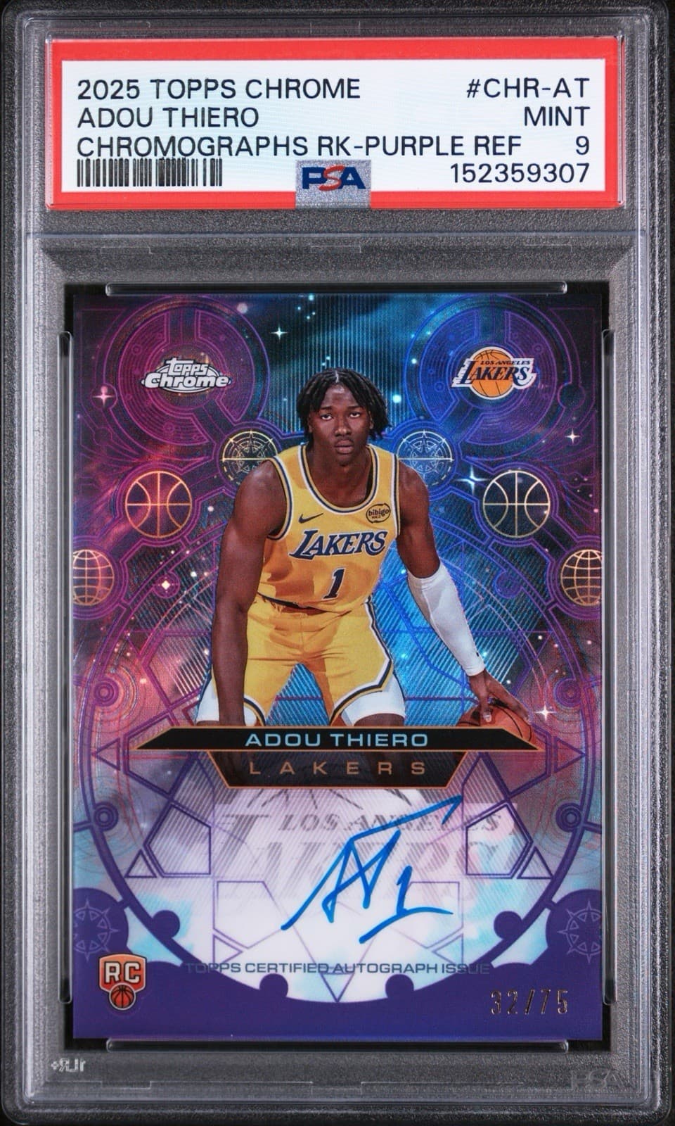 2025 Topps Chrome Chromographs Adou Thiero (RC) Purple Refractor Auto /75. PSA 9